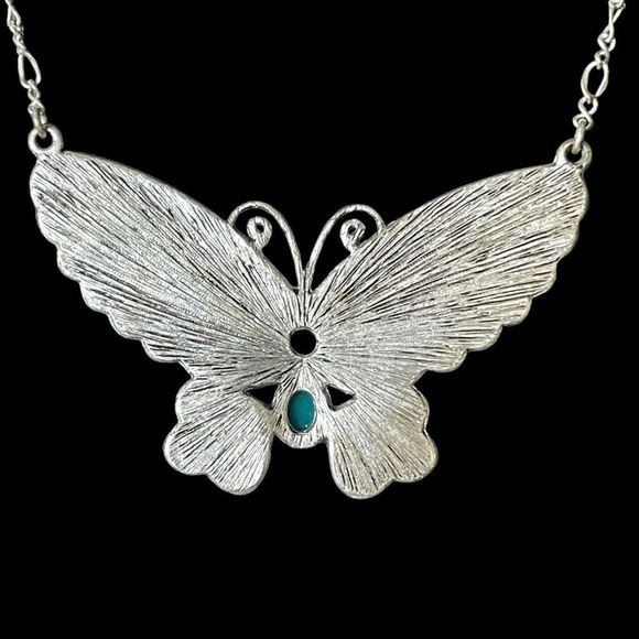 Boho Style Multi Color Enamel Cabochon Large Butterfly Necklace Silver Tone - Picture 3 of 4